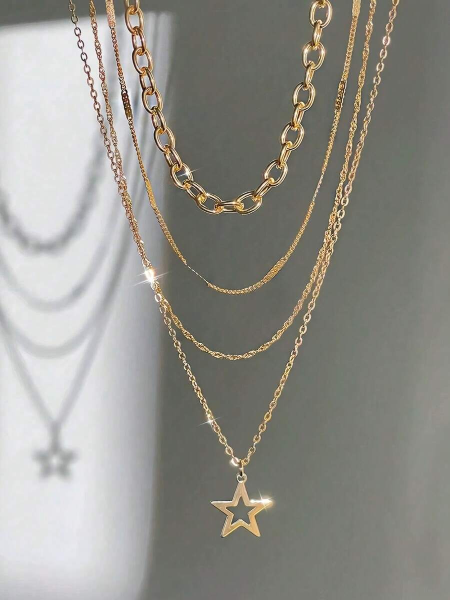 4pcs/Set Fashion Gold Vintage Minimalist Star Pendant Chain Necklace Jewelry Set - Gold - View 1