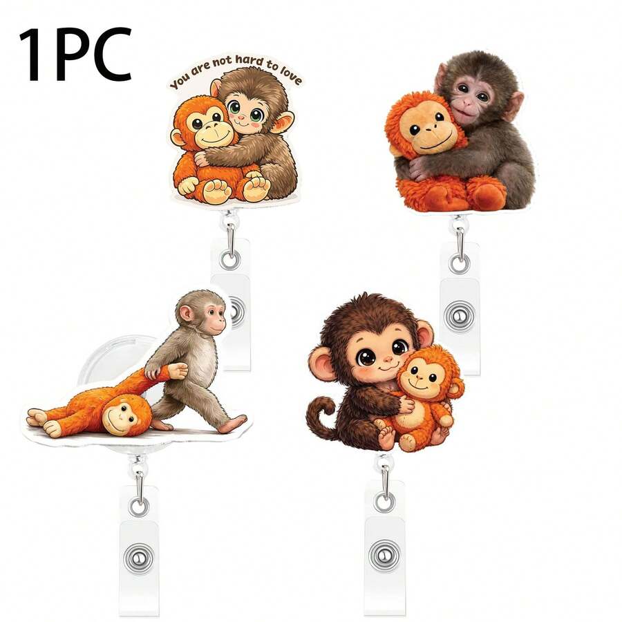 1PC Acrylic Cute Monkey Retractable Badge Holder Couple Pendant Easy Pull Clip Monkey Badge Clip - Multicolor - View 1