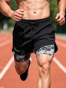 Men's 2-In-1 Running Shorts, Sports Shorts With Lining, Elastic Waistband, Suitable For Gym, Training And Jogging - Black - View 8