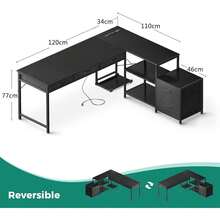 Escritorio en Forma con CajóN Escritorio para Computadora con Tomas de Corriente Escritorios Reversible de Esquina para Escritorio de Oficina con Estante 120 * 50 * 77cm (Negro) - A - Ver 4