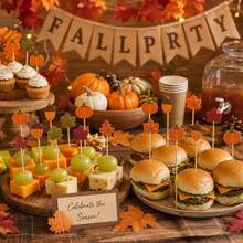 50/100pcs Autumn Thanksgiving Cocktail Picks, Pumpkin Maple Leaf Acorn Appetizer Toothpicks, Autumn Theme Disposable Fruit Food Picks, Suitable For Holiday Party Table Dessert Decoration - Orange - View 5
