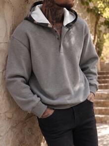 Men's Casual Minimalist Versatile Patchwork Hooded Sweatshirt Loose Fit Jacket, Spring/Autumn - Grey - View 1