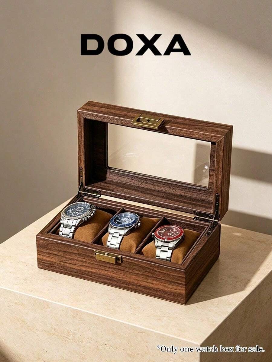 DOXA Vintage Wood Grain 3-Slot Watch Storage Box, Brass Hardware Transparent Window Velvet Lining Watch Display Box - Brown - View 1