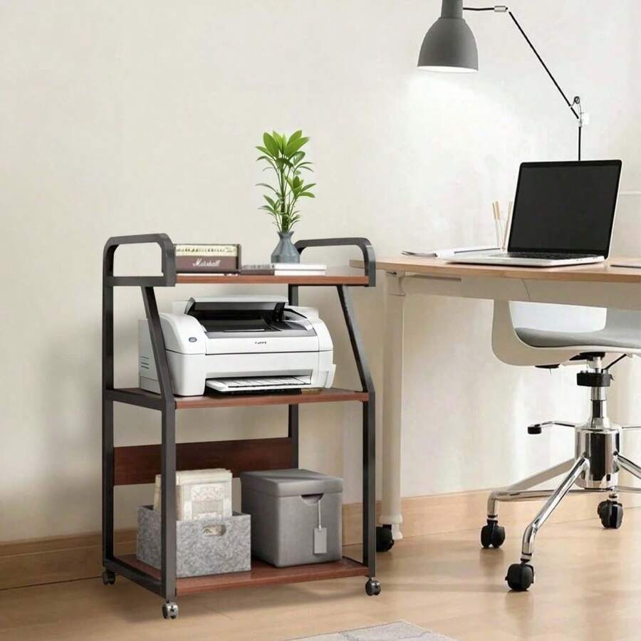 Techigher Druckerständer mit Rollen, 3 Ebenen Druckerwagen Vintage, mobiler Druckertisch Beistelltisch, PC-Halterung Bürowagen für Home Office und Arbeitszimmer - Verschiedenfarbig - Übersicht 1