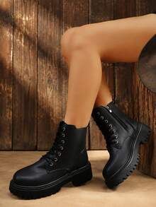 Women Fashion Boots, Lace Up Mid Calf Platform Shoes - Beige - View 3