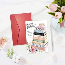 1張書迷讀者生日卡，「One For The Books」語錄搭配水彩花卉書籍插圖，書蟲生日祝福卡，適合愛書之人 - 多色 - 查看 5