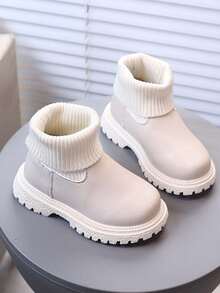 1 Pair Kids Knitted Sock Ankle Boots, Simple Fashion Autumn/Winter Soft Sole Slip-On Thick Sole Tube Boots - Beige - View 5