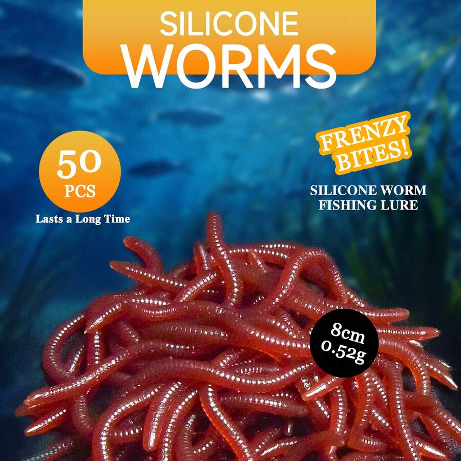 50pcs 8cm Silicone Soft Worm Fishing Lures, Realistic Red Worm Bait, Universal Soft Lures For Wild Fishing And Black Pond - A - View 1