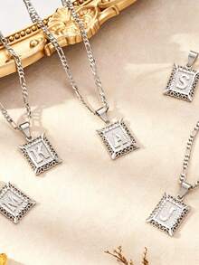 1pc Square Capital Letter Necklace, Hollow Pendant Necklace Jewelry Accessory - Silver - View 1
