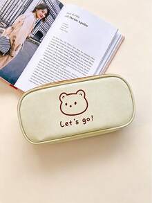 1pc Girls' Niche Design Stationery Bag, Ins Style Bear & Rabbit Pencil Case, Soft Cute Cartoon Bear & Rabbit Pattern With Fun Eng, First Day Of School - Multicolor - View 4