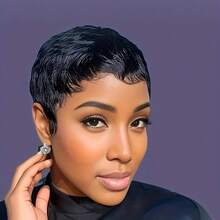 Women's Human Hair Short Wig, Brown With Gold, Style, Layered, With Bangs, No Glue No Front Band, Fully Machine Woven, Easy To Wear - Multicolor - View 7