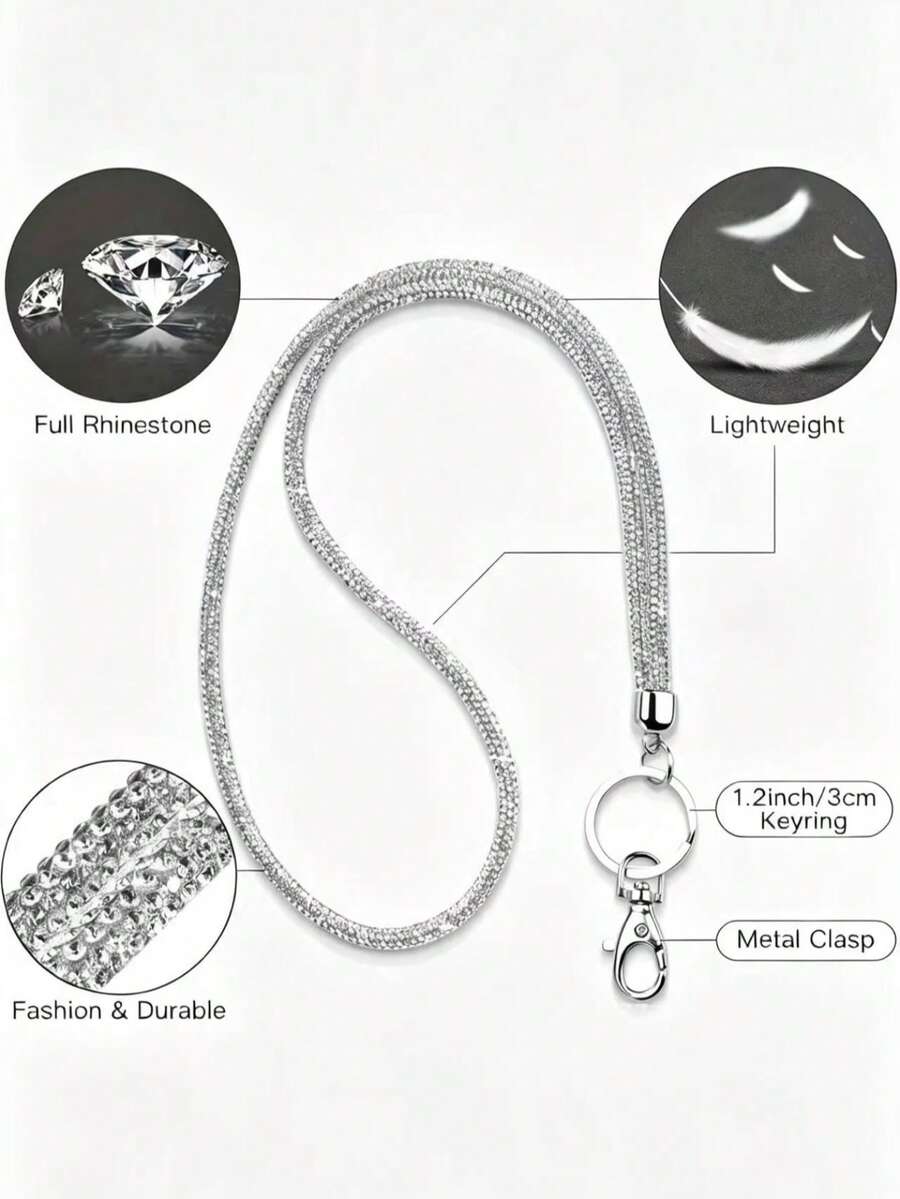 1 Pack Rhinestone Neck Badge Lanyard, ID And Key Strap Rhinestone Office Lanyard, 31.5 Inch (Approx. 80 Cm) Shiny Neck Strap With Metal Buckle And Key Ring, Crystal Lanyard, ID, Key Strap (White) - A - View 1