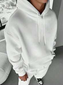Men's Casual Simple Solid Color Kangaroo Pocket Drawstring Hoodie,Suitable For Daily Commuting,Autumn And Winter - 白色 - 查看 9