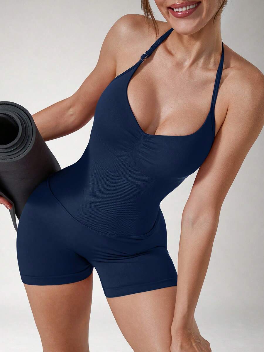 NcmRyu 1pc Women's Solid Color Halter V-Neck Adjustable Strap Pleated Front Backless Sports Romper - Blue - View 1