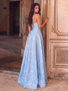 Women's Romantic Light Blue Strapless Maxi Dress, Long Flared Skirt, Ruched Bust Design, Zipper Detail, Suitable For Prom And Formal Occasions - Baby Blue - View 2