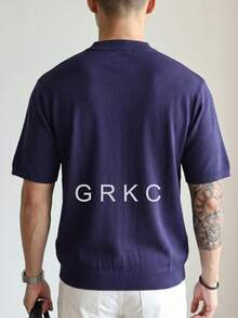 GRKC 男士短袖針織上衣 半高領 寬鬆直筒針織T恤 春夏款 - 寶藍色 - 查看 5