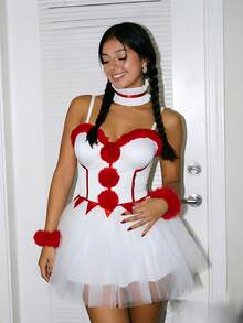 Women Clown Cosplay Spaghetti Strap Mini Dress Color Block Flared Hem Sleeveless Funny Costume Dress For Halloween Party Carnival Parade Cosplay - White - View 4
