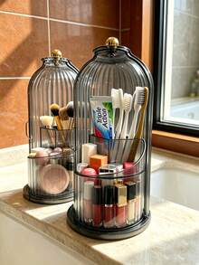 360° Rotating Dust-Proof Makeup Brush Holder With Lid, Rotating Desktop Cosmetic And Skincare Storage Box, Fashionable Elegant Small Space Makeup Vanity Organizer, Daily Multi-Purpose Beauty Tool Storage Bucket, Perfect Home Storage Solution, Thoughtful Gift, Makeup Organizer, Room Decor - Multicolor - View 2
