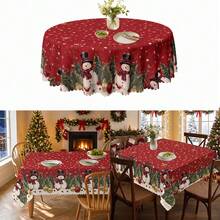 1pc Christmas Tree Snowflake Snowman Print Polyester Tablecloth, Suitable For Kitchen, Dining Room, Holiday, Party Table Christmas Decoration - Multicolor - View 1