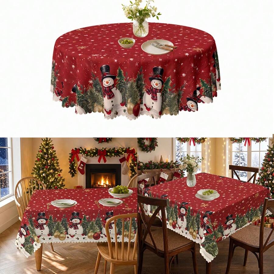1pc Christmas Tree Snowflake Snowman Print Polyester Tablecloth, Suitable For Kitchen, Dining Room, Holiday, Party Table Christmas Decoration - Multicolor - View 1