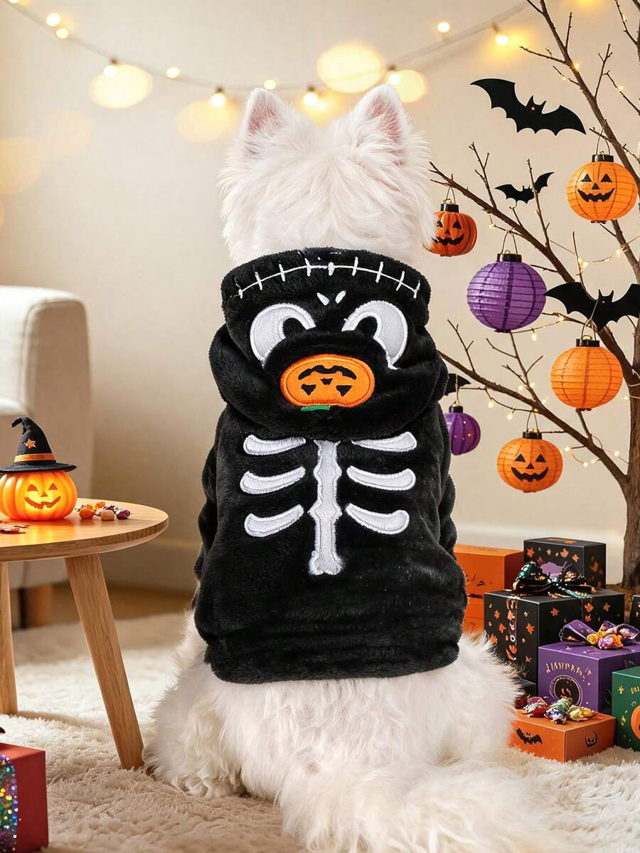 PETCIRCLE 1件裝小型犬、幼犬與貓用寵物服裝,可愛節日主題柔軟萌系萬聖節變裝套裝-南瓜幽靈 - 黑色 - 查看 1