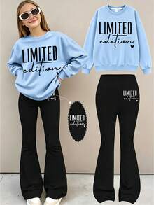 2pcs/Set Girls Minimalist Casual Slogan Print Crew Neck Sweatshirt & Flared Pants Outfit, Autumn/Winter Fashion Comfortable New Style - Multicolor - View 2