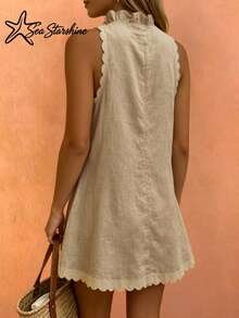 Sea Starshine New Arrival Khaki Linen Ruffle Hem Sleeveless Dress Elegant Summer - Khaki - View 4