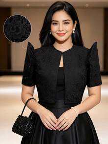 女款優雅時尚蕾絲泡泡短袖蝴蝶袖上衣，靈感設計上衣 - 黑色 - 查看 1