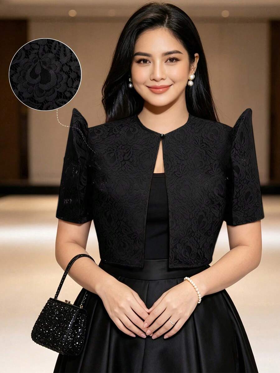 女款優雅時尚蕾絲泡泡短袖蝴蝶袖上衣,靈感設計上衣 - 黑色 - 查看 1