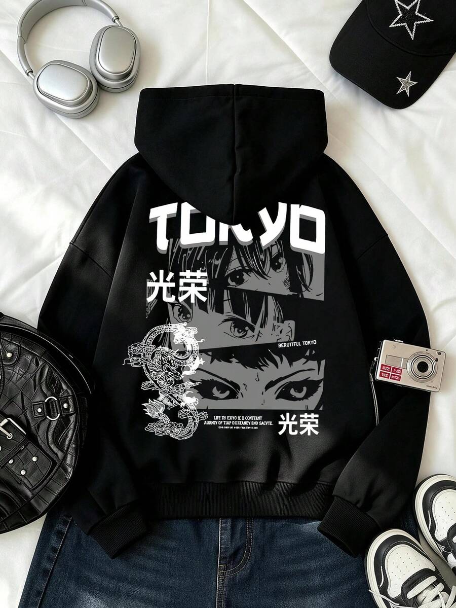 Japanese Casual Fashion Anime Manga Grid Pattern Front & Back Print Sweatshirt, Suitable For Spring, Autumn, Winter, Teen Girls - Black - View 1