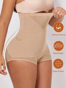 1pc Invisible Tummy Control High Waist Shaping Boyshort Panties - Apricot - View 1
