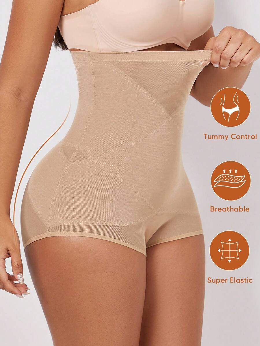 1pc Invisible Tummy Control High Waist Shaping Boyshort Panties - Apricot - View 1