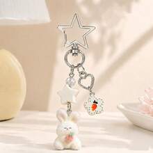 1pc Unisex Cartoon Flocked Rabbit & Bear Keychain, Cute Heart Mushroom Pendant Accessory Bag Charm - Multicolor - View 4