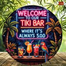 8 Inch Iron Decorative Sign With "Welcome To Our Tiki Bar, It's Always 5:00" Neon Light, Tropical Drink Illustration, Palm Tree And Parrot Design, Suitable For Bar, Home And More, Pre-Drilled Holes, Style As Shown In Size Chart - Multicolor - View 5