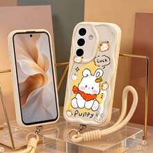 1 pieza Correa de mano + Funda protectora anti-caída con diseño de conejo y patrón de onda asimétrica en crema, compatible con Galaxy S26/S24/S25/S23/S26Ultra/S26 Plus/A57/A37/A17/A07/ Note13Pro/ A3X/ Y21, serie de fundas para teléfono, versátil y unisex - Blanco - Ver 3