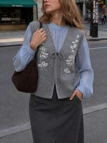 Women's Spring/Summer Casual Elegant Floral Print Embroidered Beach Knit Vest - Grey - View 3