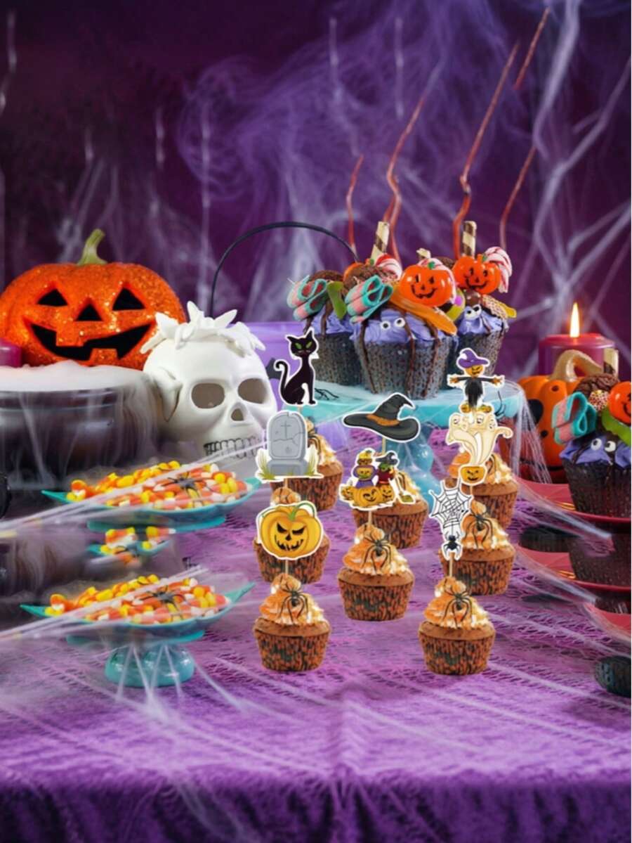 24PCS Halloween Cupcake Decorations, Spider Webs, Pumpkin Toppers, Party Decorations, Suitable For Holiday Party Decoration, Atmosphere Props - Multicolor - View 1