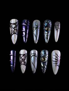 Ten-Piece Handmade Nail Art Set, Nail Art, Green Nail Art, Handmade Nail Art, False Nails, Handmade Nail Art, Summer Nail Art, Halloween Nails, Reusable False Nails, Women's Gift, Suitable For Girls And Ladies To Wear To Parties And Everyday Life. - Multicolor - View 2