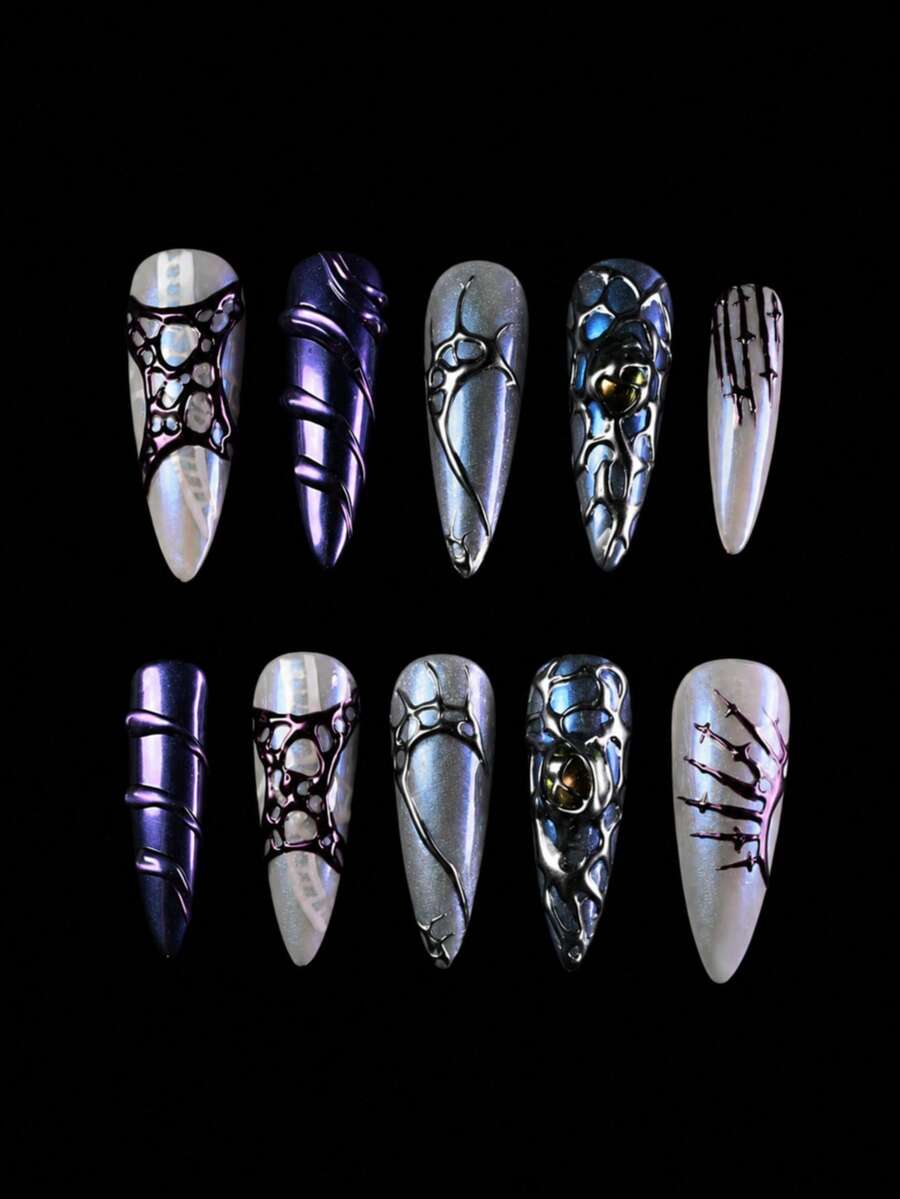 Ten-Piece Handmade Nail Art Set, Nail Art, Green Nail Art, Handmade Nail Art, False Nails, Handmade Nail Art, Summer Nail Art, Halloween Nails, Reusable False Nails, Women's Gift, Suitable For Girls And Ladies To Wear To Parties And Everyday Life.
