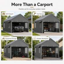 12x20 FT Heavy Duty Carport Portable Car Shelter Canopy Garage With Roll Up Mesh Windows Removable Sidewalls Waterproof UV Resistant Outdoor Vehicle Storage Tent For Boat Truck, Gray - Grey - View 5