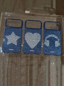 1pc Y2K Shiny Star Heart Earphone Denim Pattern Phone Case, Compatible With IPhone 17 Pro Max 17 Pro 17 16 Pro Max 16 Pro 16 15 Pro Max 15 Pro 15 14 Pro Max 14 Pro 14 13 Pro Plus 15 13 17 16, Fashion Rhinestone Textured Back Cover - Star - View 3