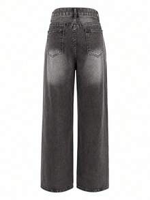 Women's Casual Extra Long Wide Leg Denim Jeans, With Zipper And Pockets, Non-Stretch, Y2K Retro Style - Dark Grey - View 6