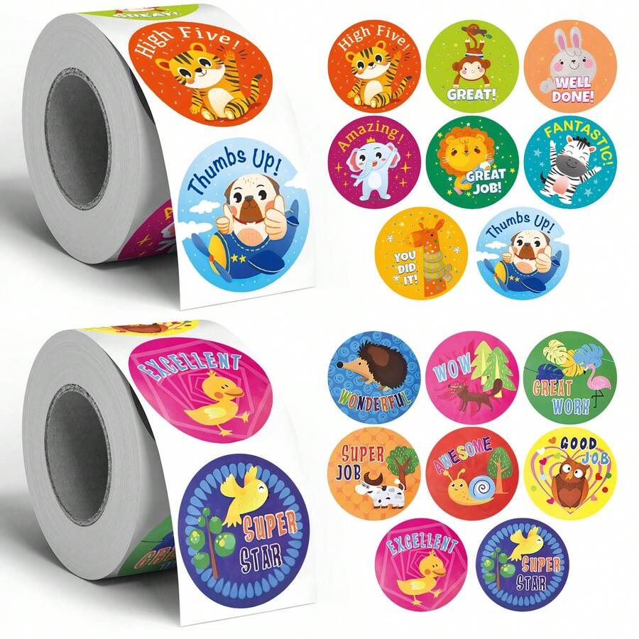500pcs Cartoon Animal English Reward Round Stickers, 1 Inch, High Saturation Macaron Bright Colors, Hand-Drawn Cute "High Five" ", First Day Of School - Multicolor - View 1