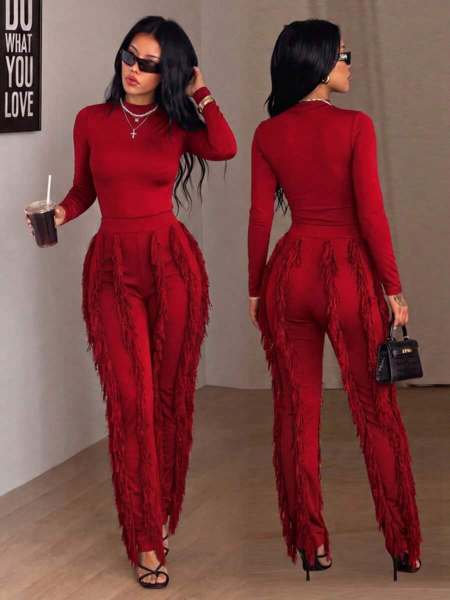 CALEBGAR Women's Sexy Two Piece Outfits Long Sleeve Fringe Pants Set Clubwear Going Out Birthday Party Night Outfits - 紅色 - 查看 1