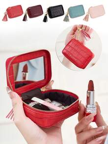 FOREVER MIYIN 1pc Crocodile Pattern Mini Cosmetic & Jewelry Storage Box, Built-In Mirror And Keychain, Zipper Closure, Lipstick Storage Bag, Cosmetic Organizer, Portable Compact Travel Makeup Bag, Suitable For Women's Daily Use, Outdoor Travel And Girls' Carry, Valentine's Day Gift, Mother's Gift, Girlfriend Gift - Multicolor - View 2