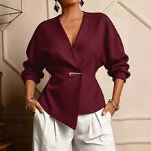 IGKEEL Women's Spring/Summer/Autumn Solid Color Asymmetric Hem Metal Decor Button Long Sleeve Blouse, Suitable For Work, Daily Wear, Commuting And Office - Burgundy - View 9