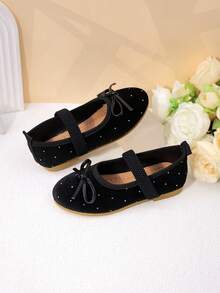 Girls' White Satin Pearl Bow Mary Jane Flats, Princess Style Formal Dress Shoes For Kids - Black - View 8