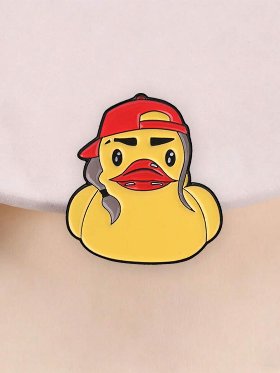 Cool Rubber Duck Enamel Pin Cartoon Duck With Red Cap & Braids Brooch Casual Outfit Decor Badge