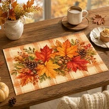 1pc Autumn Maple Leaf Print Placemat, Thanksgiving Harvest Theme Table Mat, Pumpkin & Pine Cone Pattern Dining Table Decor, Plaid Style Kitchen & Dining Room Home Decoration - Multicolor - View 3