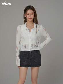 CHUU Hollow Out Lapel Long Sleeve Knit Cardigan Women Autumn Sweet Cool Basic Sheer Crop Top - White - View 4